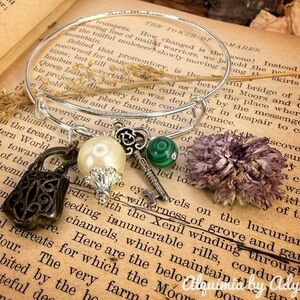 Silver Charm Bracelet with Pearl and Key Accents and malachite